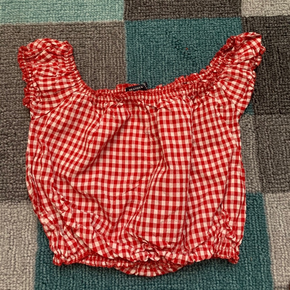 Brandy Melville red plaid off shoulder crop top